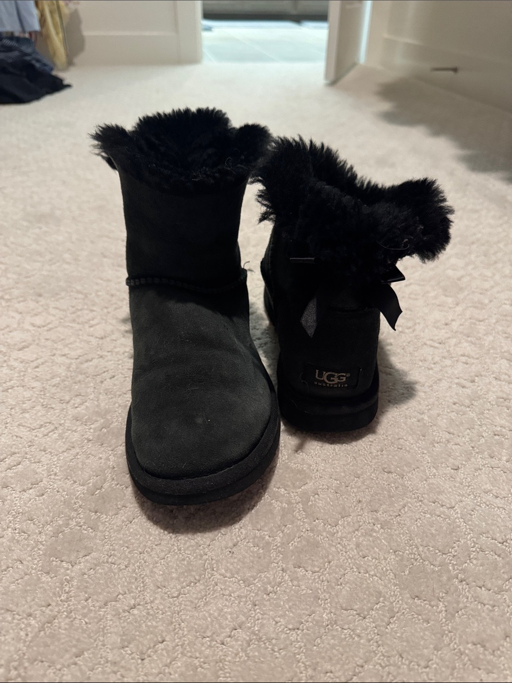 UGG Black Short Shearling Boots with Back Bow